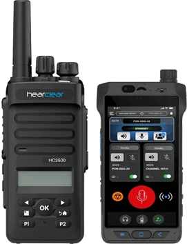 HearClear HC3500 push-to-talk radio beside a rugged smartphone running a PTT app