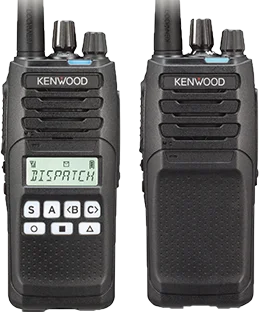 Two KENWOOD portable two-way radios shown front and back, one displaying DISPATCH